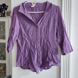 Simple Purple Top Buttoned Down Elastic Waist Slim Fit Large